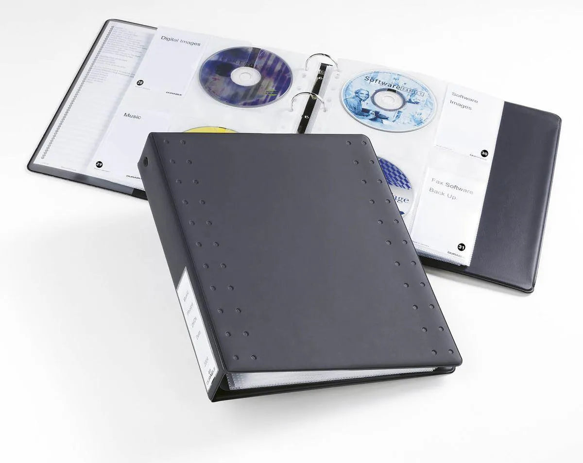 Showing Durable UK's Durable CD/DVD Index Ring Binder for 40 Disks & Labels | A4 Dark Grey, available as SKU 522758 with EAN 4005546503103.