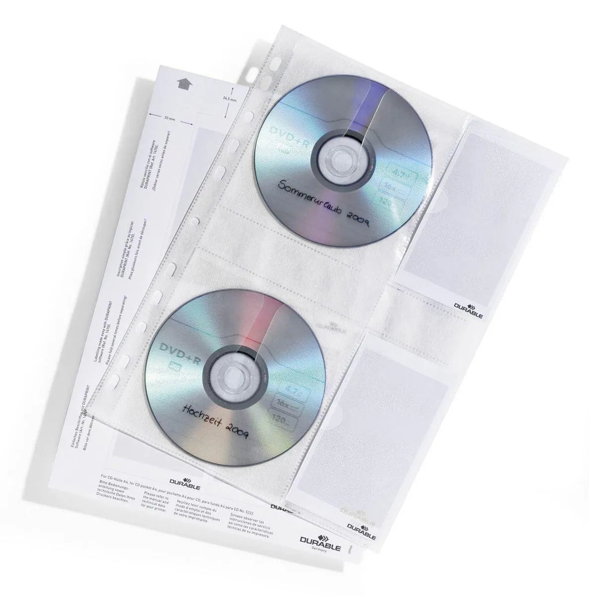 Showing Durable UK's Durable CD/DVD Pockets | Double Sided Wallet Index for 4 Disks | 5 Pack | A4, available as SKU 522219 with EAN 4005546501932.