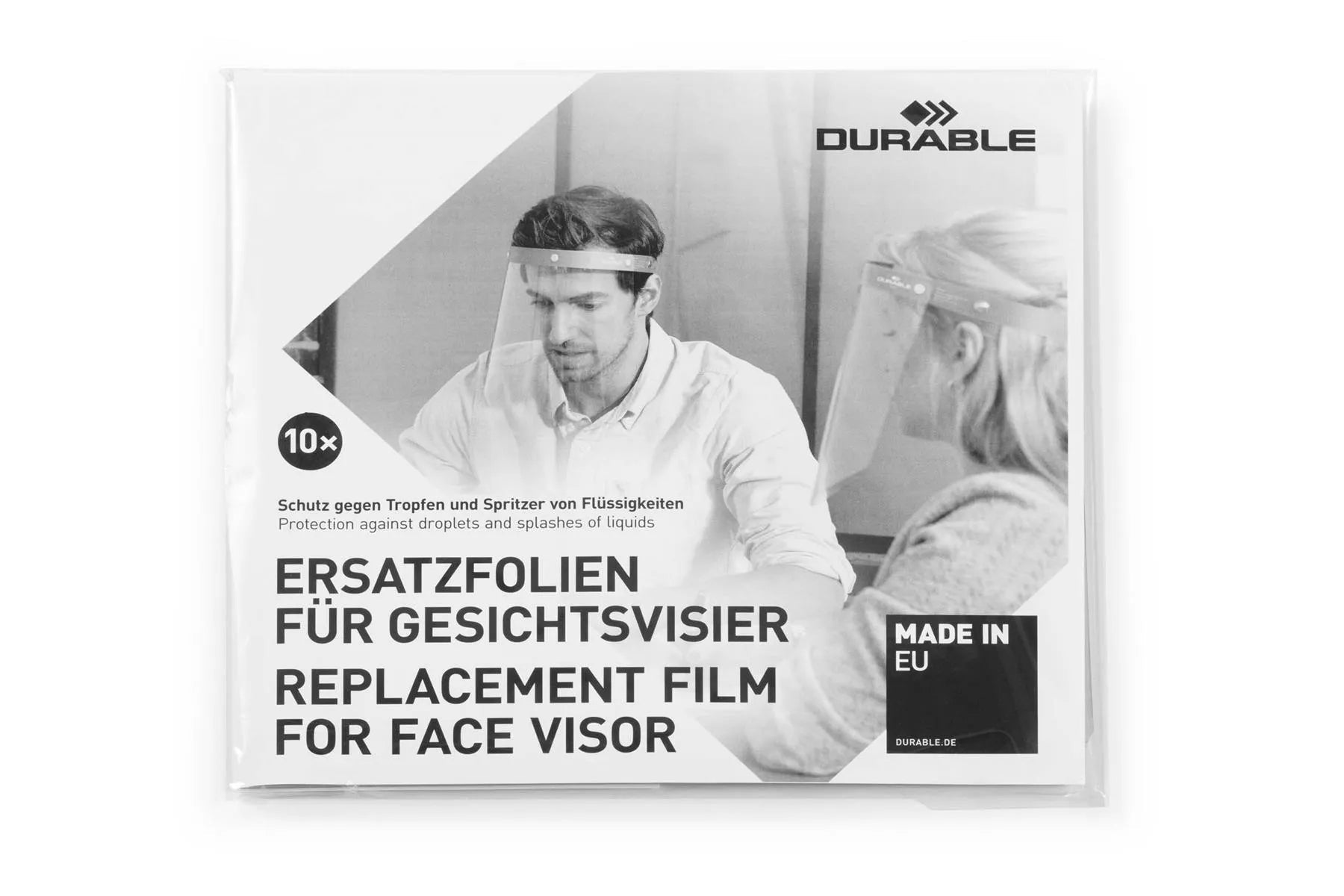 Showing Durable UK's Durable CE Compliant Replacement Face Visor Shields with Anti-Fog | 10 Pack, available as SKU 343219 with EAN 4005546727356.