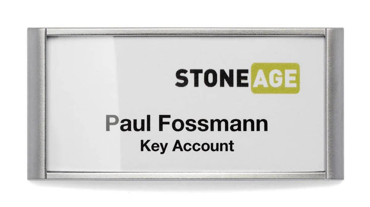 Showing Durable UK's Durable Classic Magnetic Name Tag Badge Holders + Inserts | 10 Pack | 34 x 74mm, available as SKU 854223 with EAN 4005546807836.