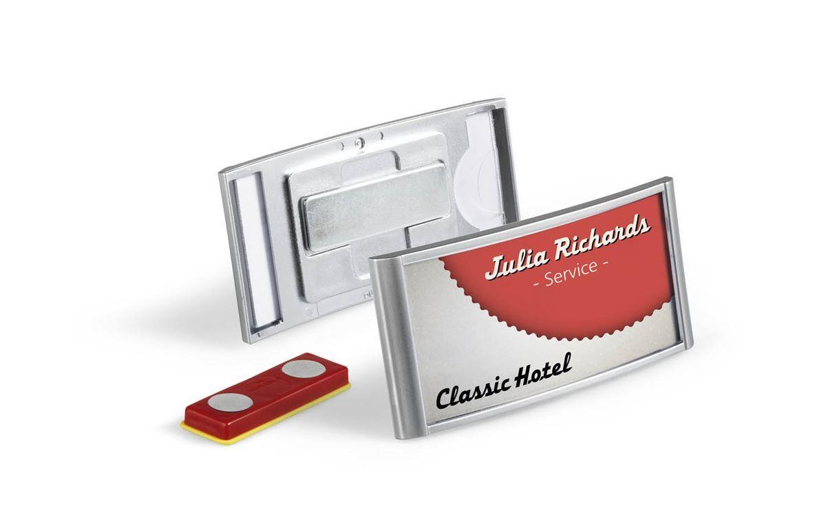 Showing Durable UK's Durable Classic Magnetic Name Tag ID Badge Holders + Inserts | 10 Pack | 30x65mm, available as SKU 854023 with EAN 4005546807799.