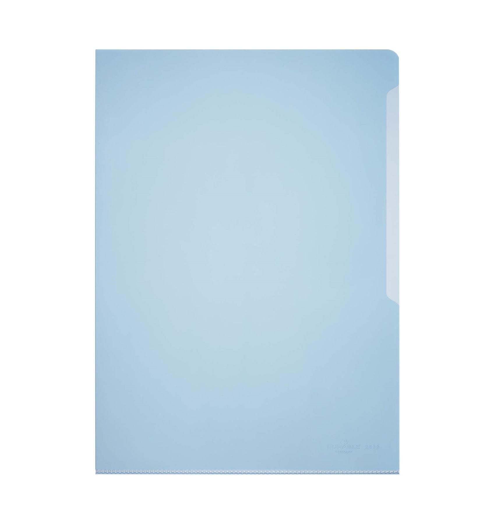 Showing Durable UK's Durable Clear Plastic Cut Flush Document Wallet Folder | 50 Pack | A4 Blue, available as SKU 233906 with EAN 4005546230108.