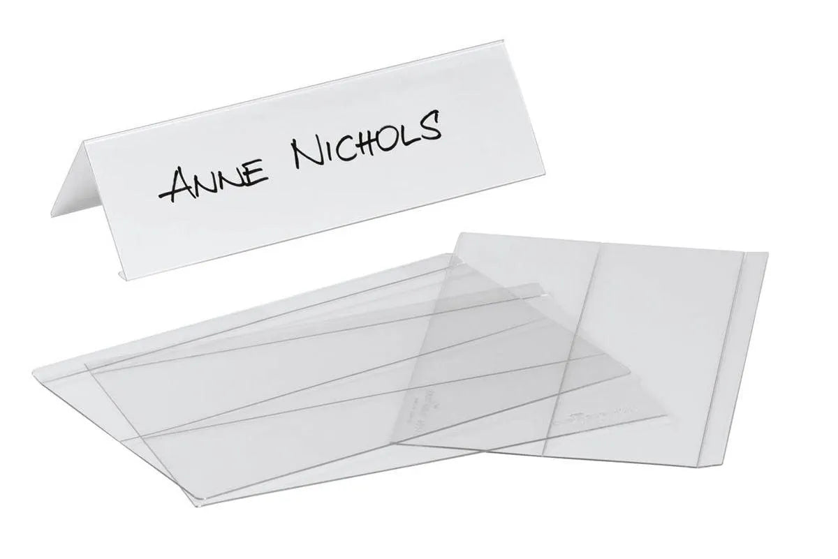 Showing Durable UK's Durable Clear Plastic Table Place Name Holders and Inserts | 10 Pack | 61x210mm, available as SKU 804819 with EAN 4005546800936.