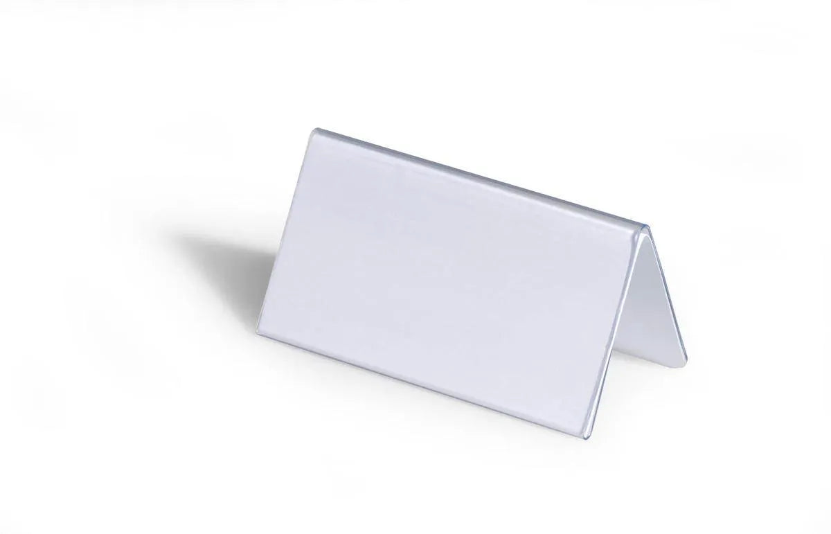 Showing Durable UK's Durable Clear Plastic Table Place Name Holders and Inserts | 25 Pack | 52x100mm, available as SKU 805119 with EAN 4005546810515.