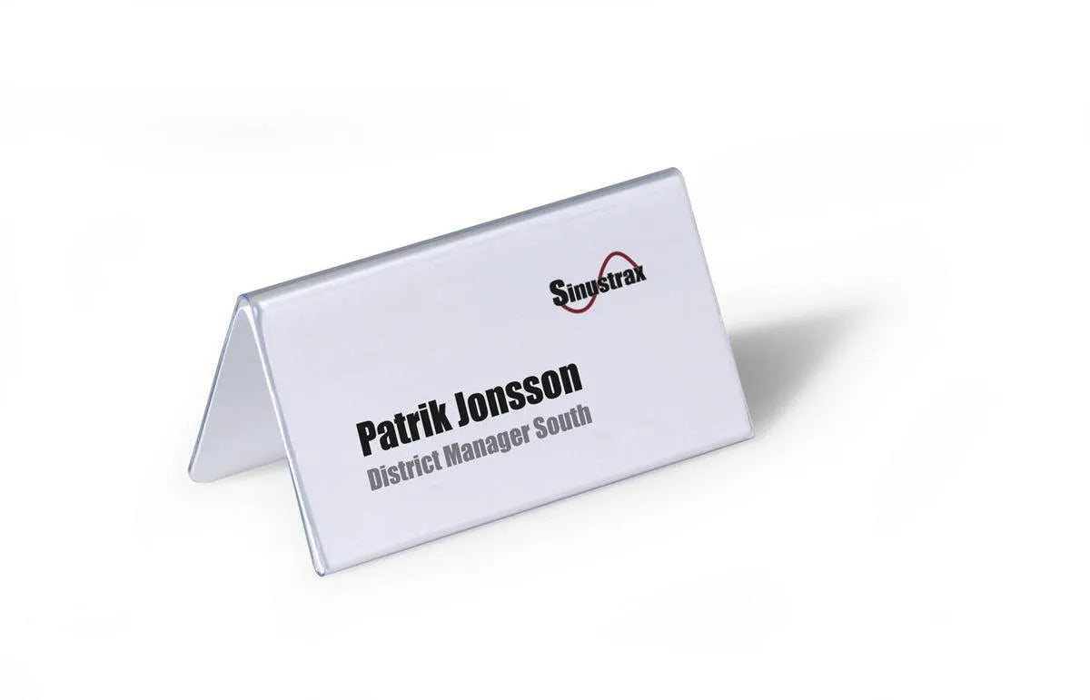 Showing Durable UK's Durable Clear Plastic Table Place Name Holders and Inserts | 25 Pack | 52x100mm, available as SKU 805119 with EAN 4005546810515.