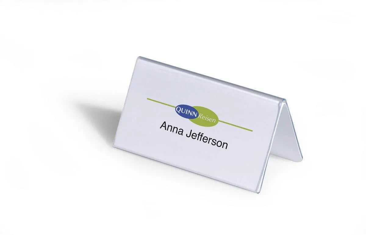 Showing Durable UK's Durable Clear Plastic Table Place Name Holders and Inserts | 25 Pack | 52x100mm, available as SKU 805119 with EAN 4005546810515.