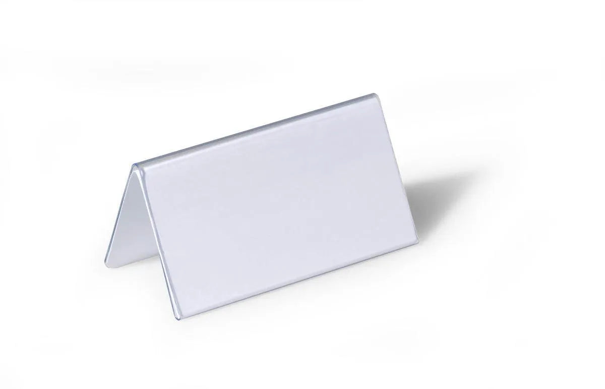 Showing Durable UK's Durable Clear Plastic Table Place Name Holders and Inserts | 25 Pack | 52x100mm, available as SKU 805119 with EAN 4005546810515.