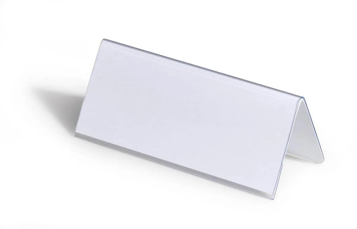 Showing Durable UK's Durable Clear Plastic Table Place Name Holders and Inserts | 25 Pack | 61x150mm, available as SKU 805019 with EAN 4005546810508.