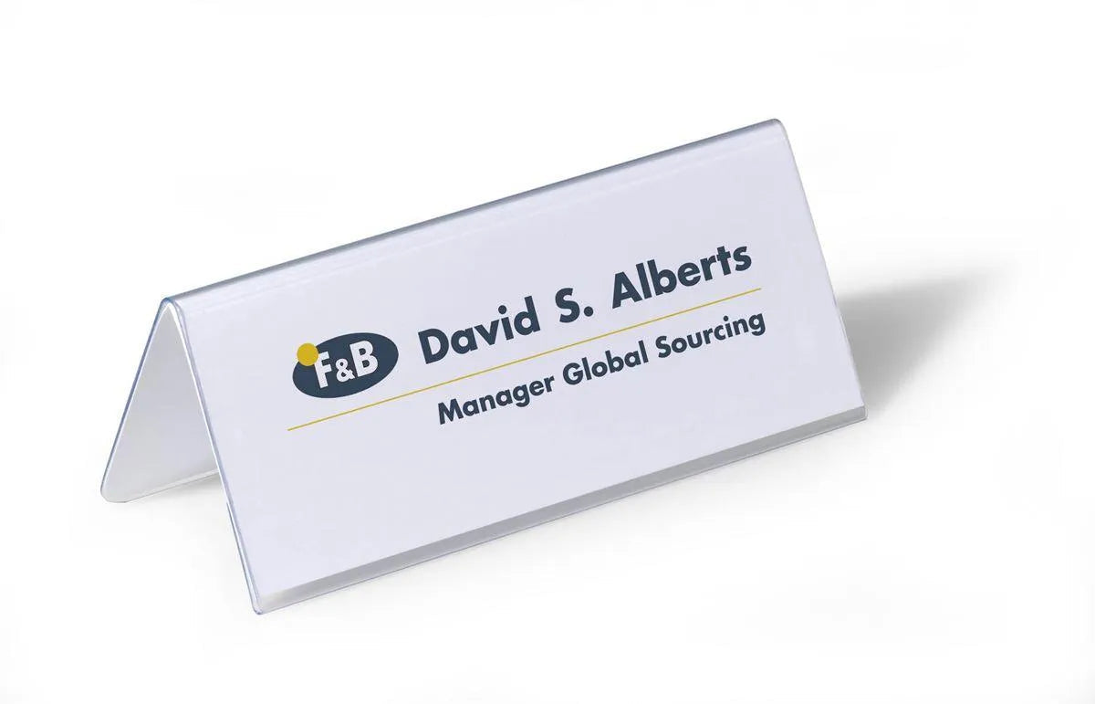 Showing Durable UK's Durable Clear Plastic Table Place Name Holders and Inserts | 25 Pack | 61x150mm, available as SKU 805019 with EAN 4005546810508.