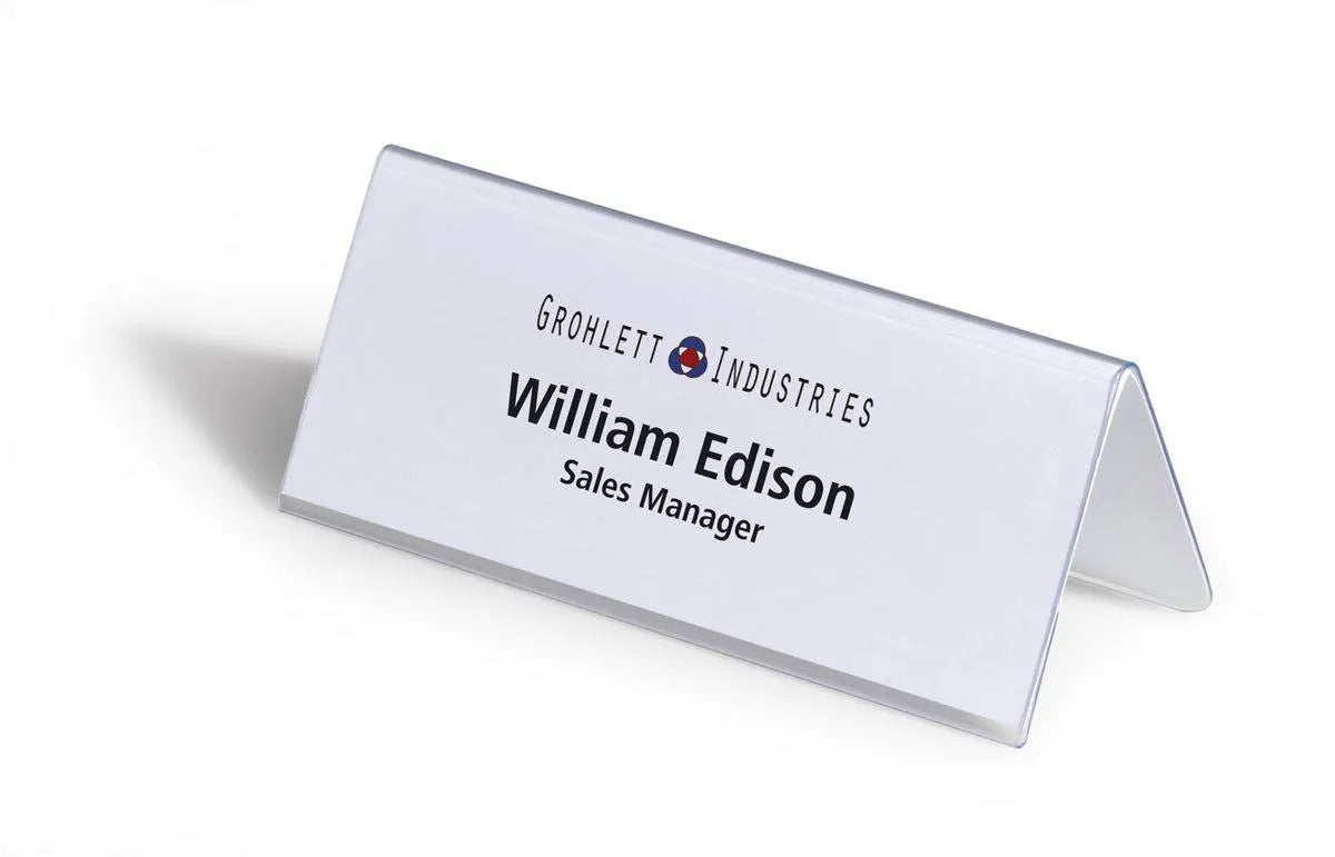 Showing Durable UK's Durable Clear Plastic Table Place Name Holders and Inserts | 25 Pack | 61x150mm, available as SKU 805019 with EAN 4005546810508.