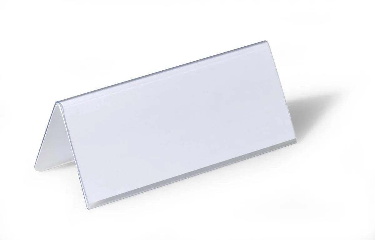 Showing Durable UK's Durable Clear Plastic Table Place Name Holders and Inserts | 25 Pack | 61x150mm, available as SKU 805019 with EAN 4005546810508.