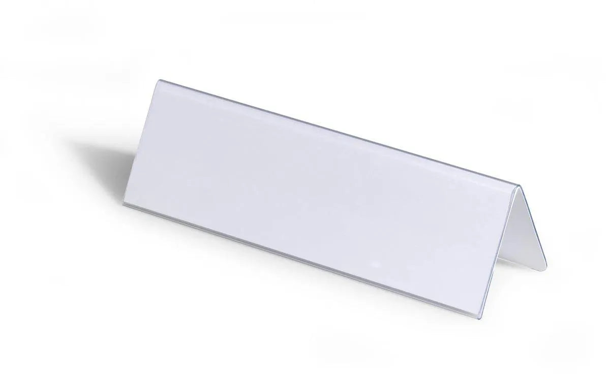 Showing Durable UK's Durable Clear Plastic Table Place Name Holders and Inserts | 25 Pack | 61x210mm, available as SKU 805219 with EAN 4005546810522.