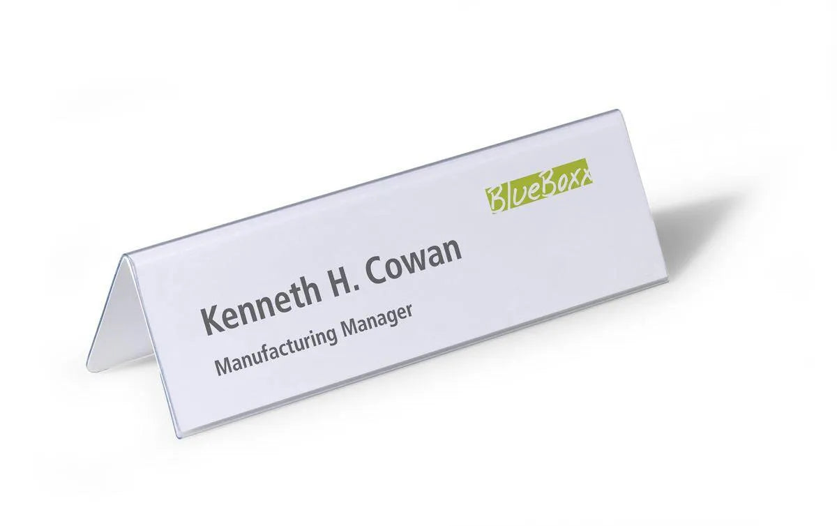 Showing Durable UK's Durable Clear Plastic Table Place Name Holders and Inserts | 25 Pack | 61x210mm, available as SKU 805219 with EAN 4005546810522.