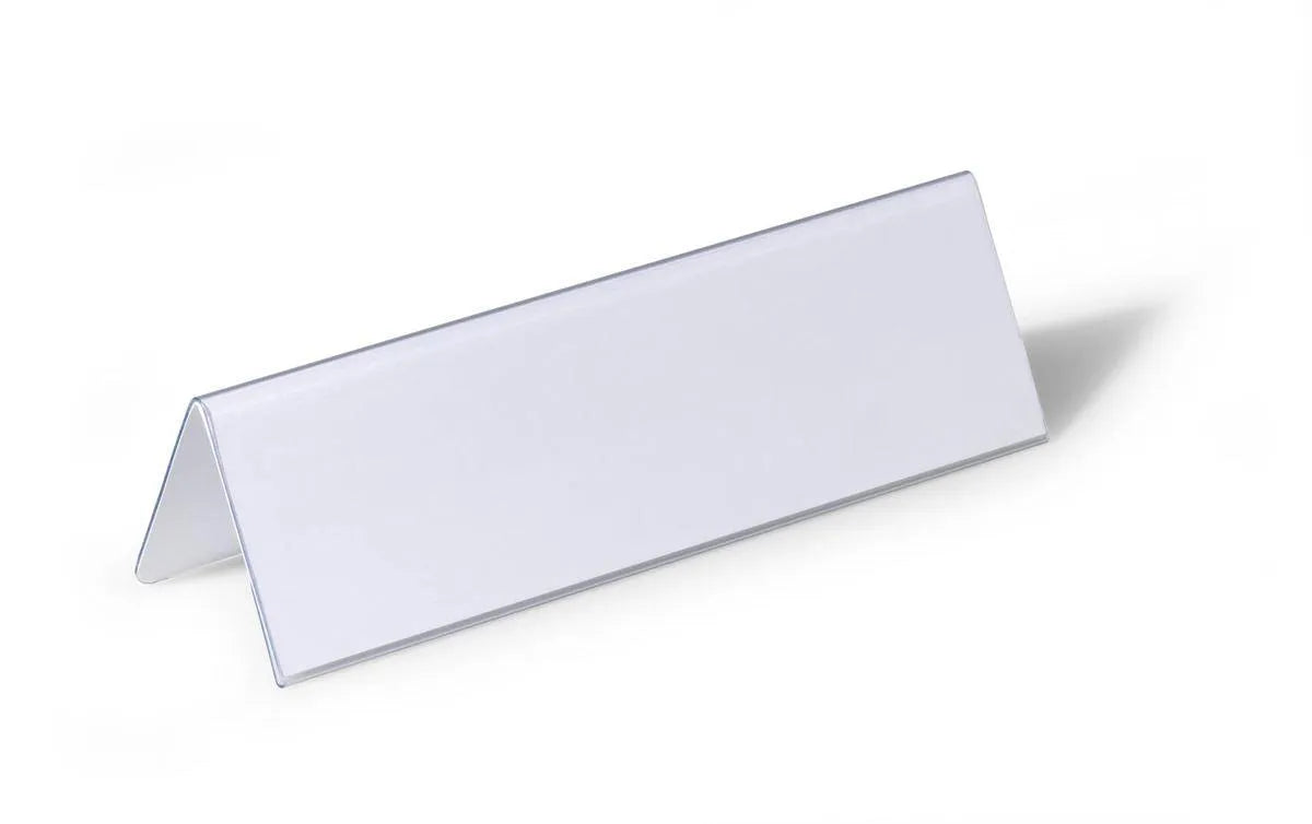 Showing Durable UK's Durable Clear Plastic Table Place Name Holders and Inserts | 25 Pack | 61x210mm, available as SKU 805219 with EAN 4005546810522.