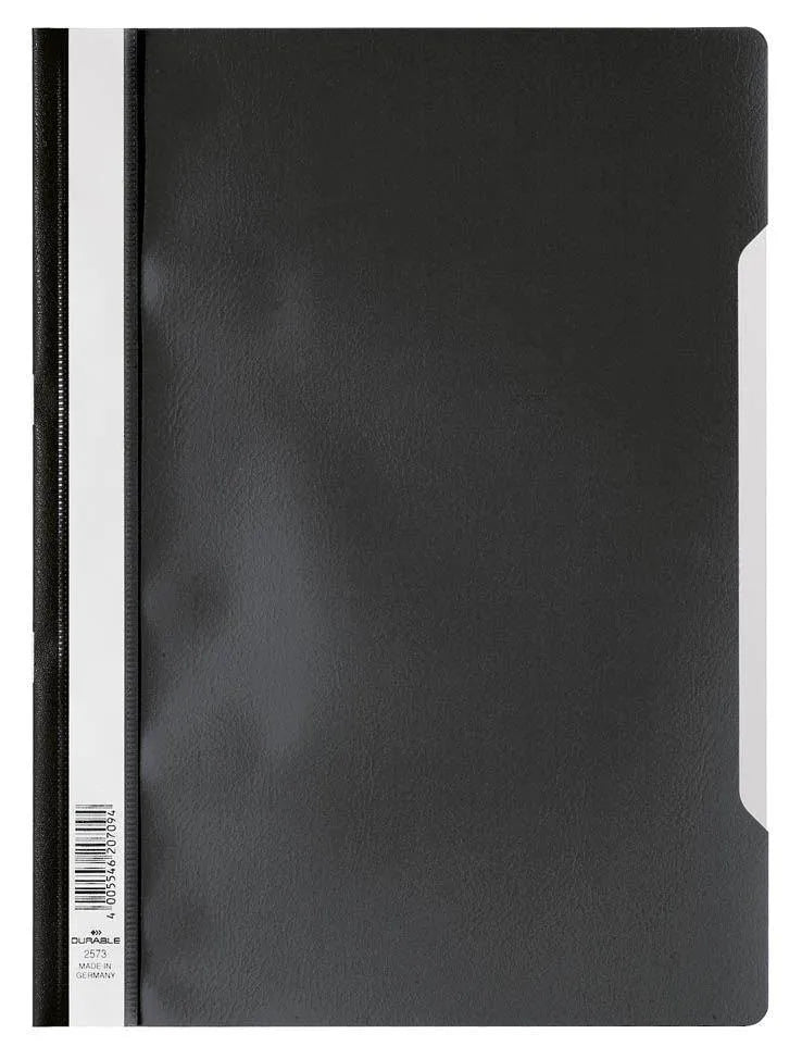 Showing Durable UK's Durable Clear View Project Folder Document Report File | 25 Pack | A4 Black, available as SKU 252301-25 with EAN 4005546985183.