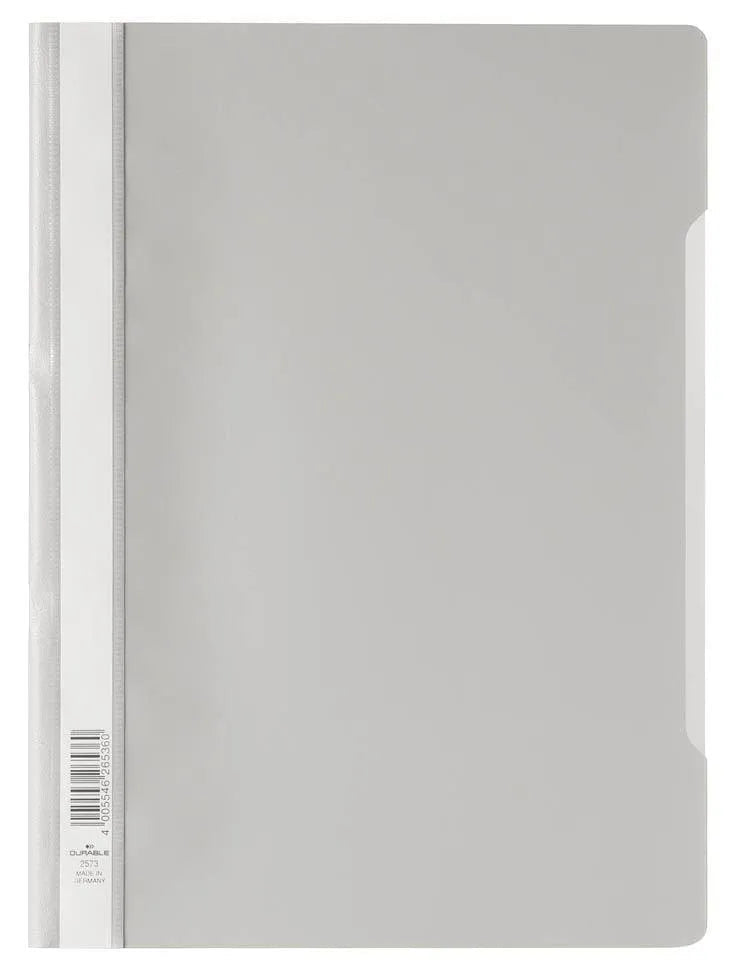 Showing Durable UK's Durable Clear View Project Folder Document Report File | 25 Pack | A4 Grey, available as SKU 252310-25 with EAN 4005546985428.