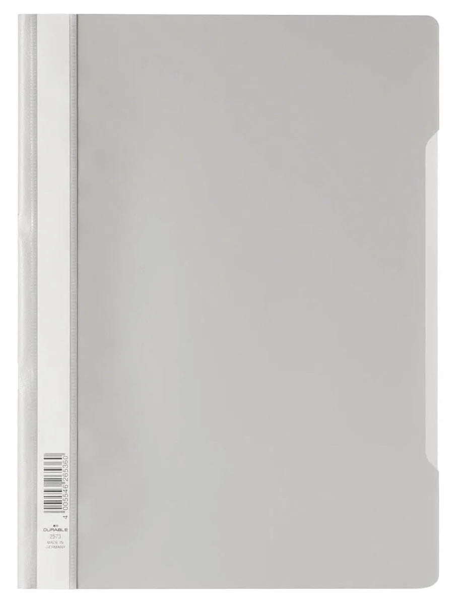 Showing Durable UK's Durable Clear View Project Folder Document Report File | 50 Pack | A4 Grey, available as SKU 257310-50 with EAN 4005546265360.