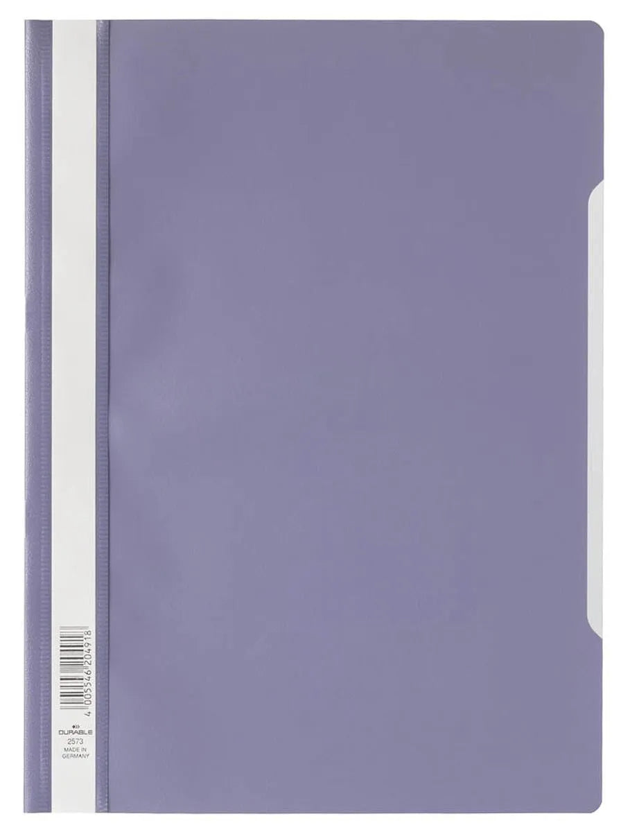 Showing Durable UK's Durable Clear View Project Folder Document Report File | 50 Pack | A4 Purple, available as SKU 257312-50 with EAN 4005546204918.