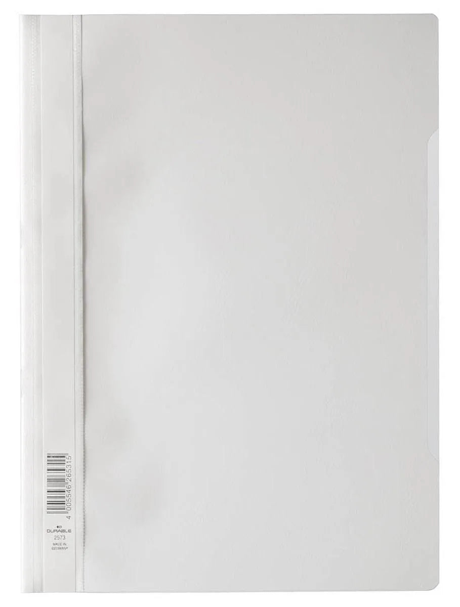 Showing Durable UK's Durable Clear View Project Folder Document Report File | 50 Pack | A4 White, available as SKU 257302-50 with EAN 4005546265315.