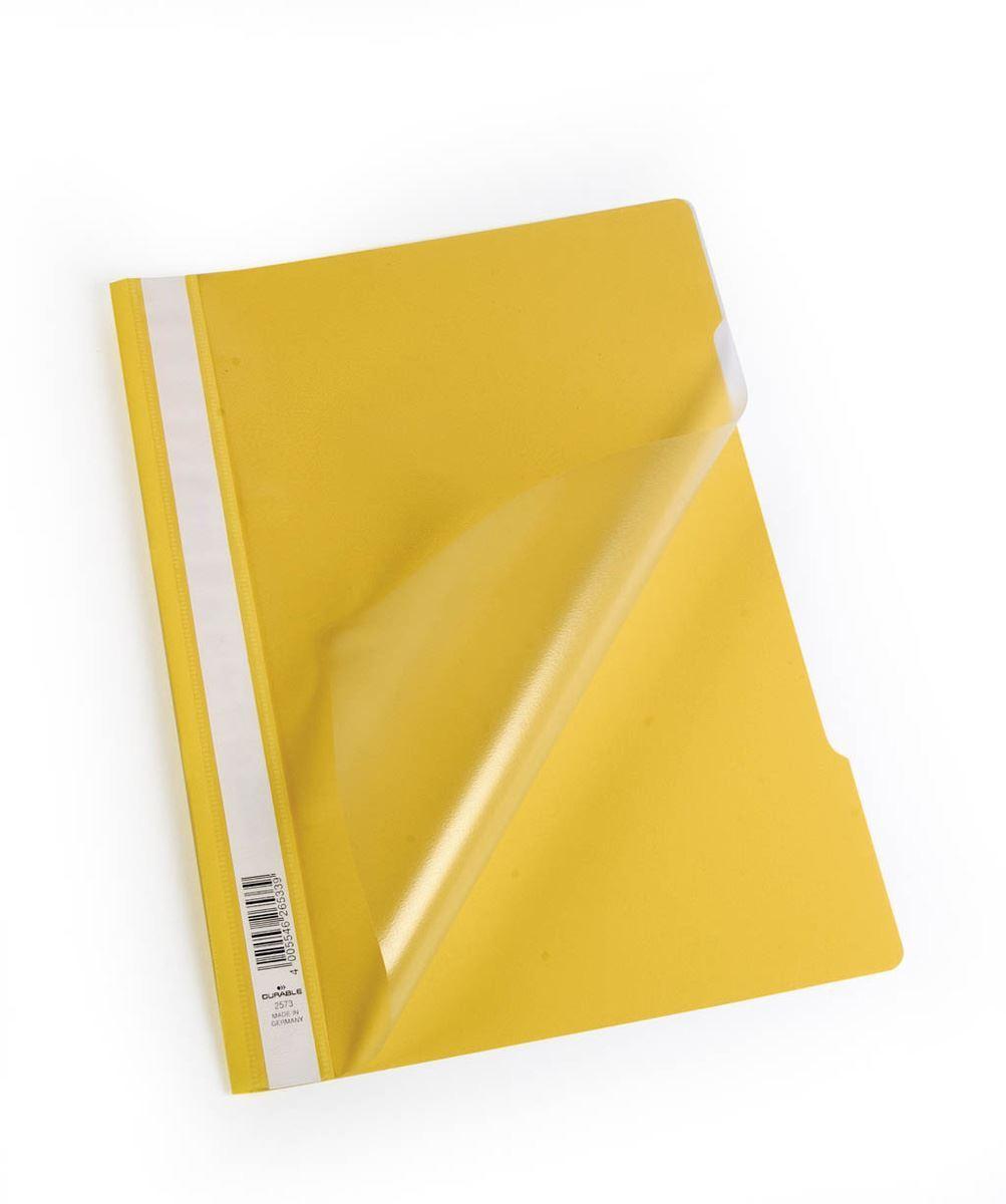 Showing Durable UK's Durable Clear View Project Folder Document Report File | 50 Pack | A4 Yellow, available as SKU 257304-50 with EAN 4005546265339.