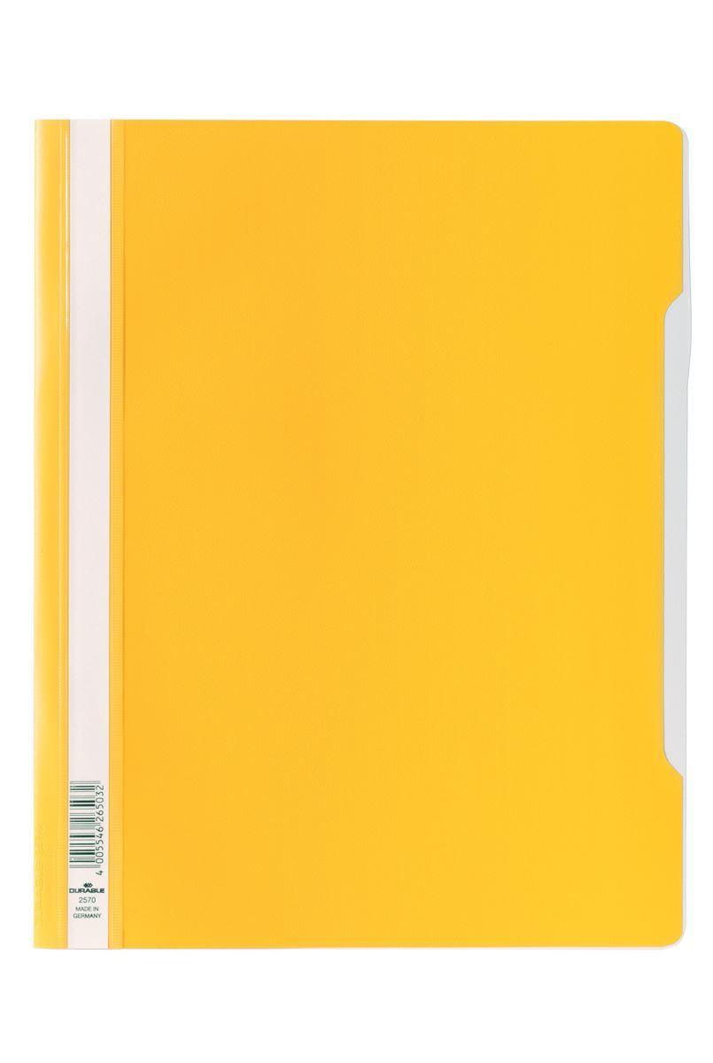 Showing Durable UK's Durable Clear View Project Folder Document Report File | 50 Pack | A4 Yellow, available as SKU 257004-50 with EAN 4005546265032.