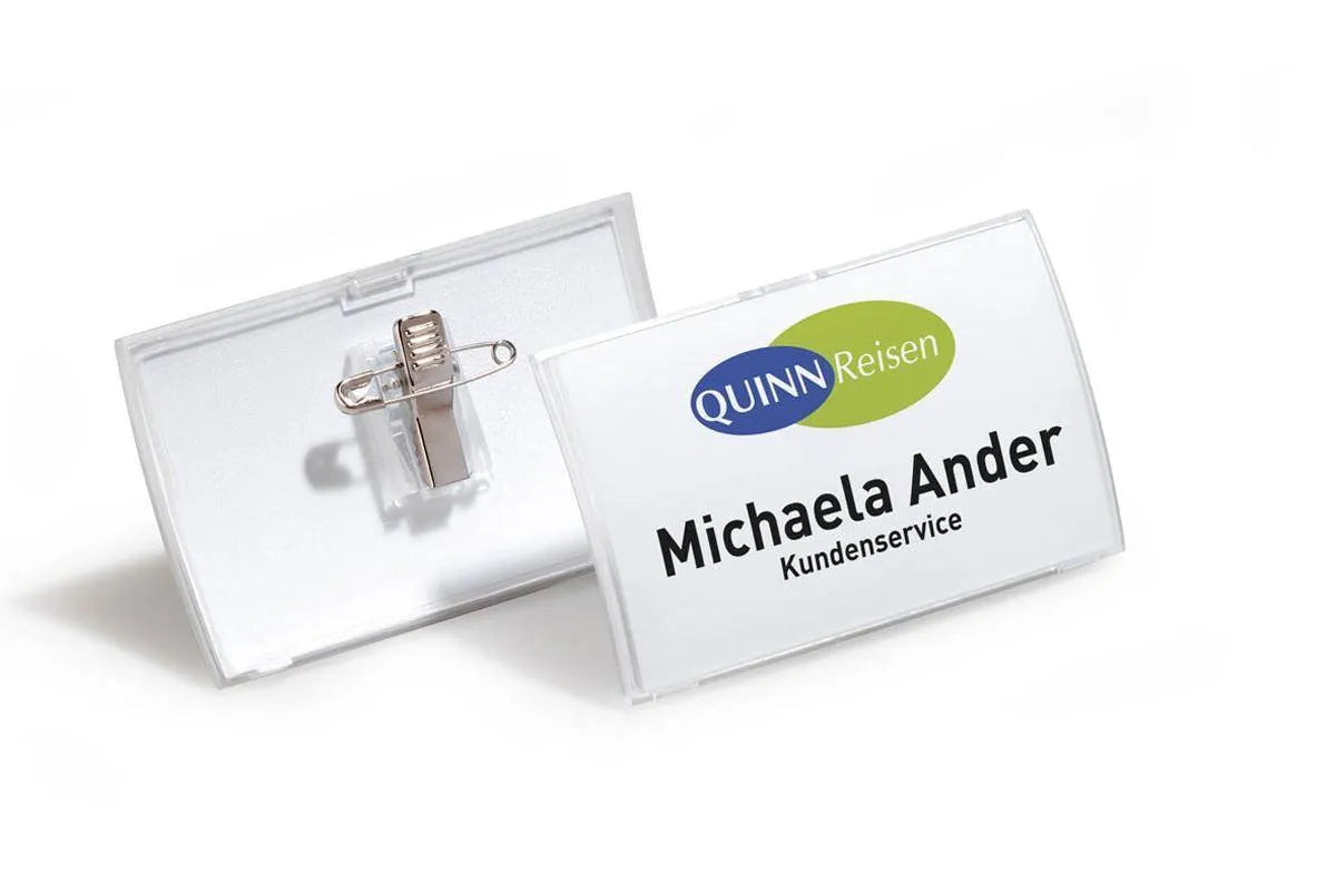 Showing Durable UK's Durable CLICK FOLD Convex Clip & Pin Name Tag Badge Holder | 25 Pack | 40 x 75mm, available as SKU 821119 with EAN 4005546803029.