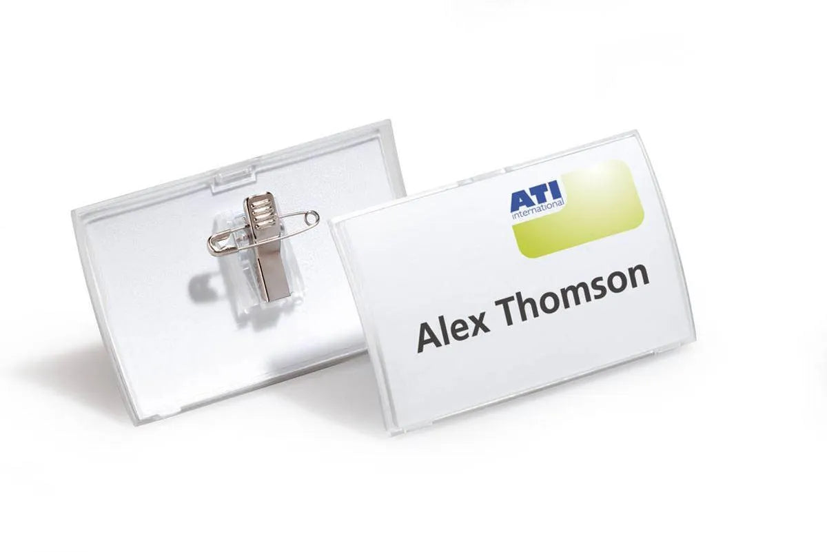 Showing Durable UK's Durable CLICK FOLD Convex Clip & Pin Name Tag Badge Holder | 25 Pack | 54 x 90mm, available as SKU 821419 with EAN 4005546803050.