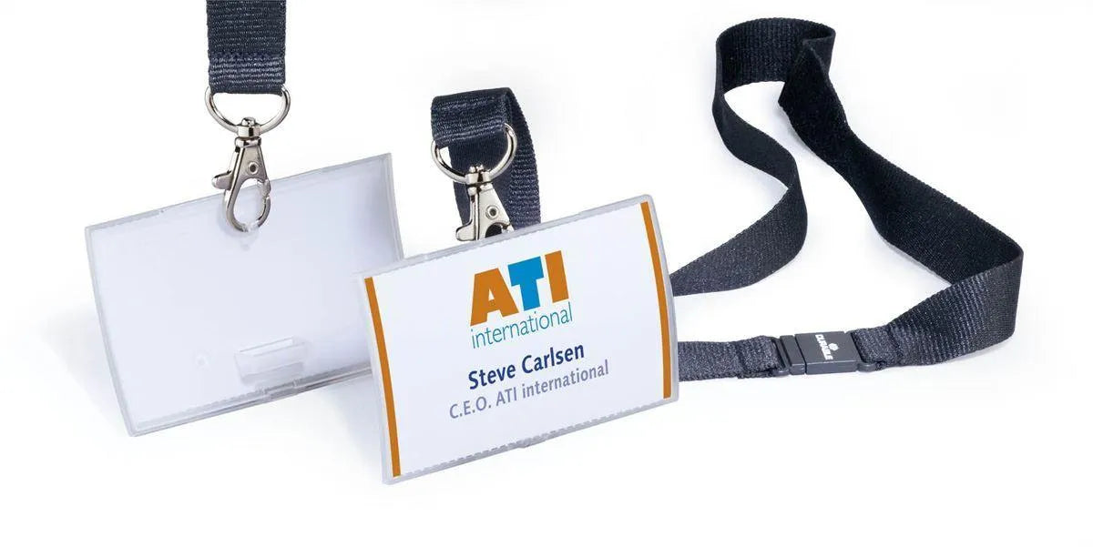 Showing Durable UK's Durable CLICK FOLD Safety-Clip Lanyard Name Badge ID Holders | 10 Pack | 54x90mm, available as SKU 821719 with EAN 4005546803111.