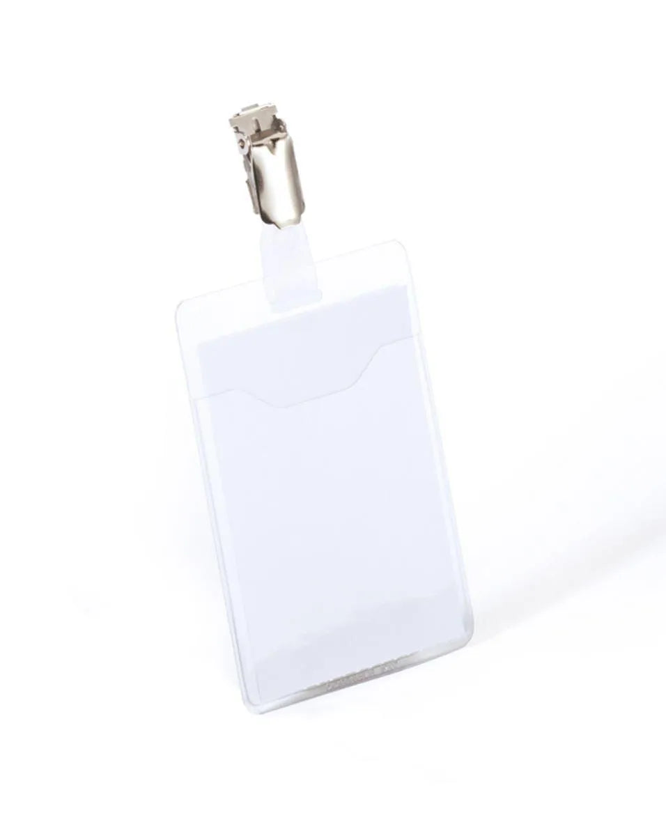 Showing Durable UK's Durable Clip Name Tag ID Badge Holders + Cards | 25 Pack | Vertical 90 x 60mm, available as SKU 810719 with EAN 4005546811079.