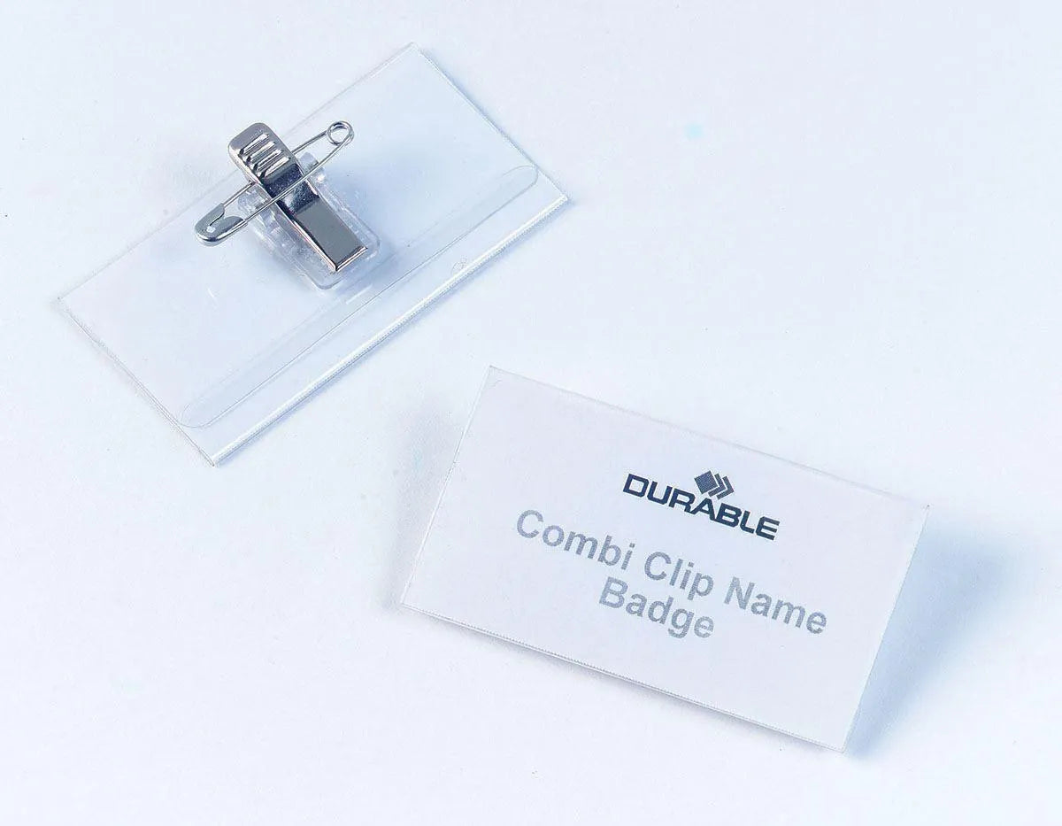 Showing Durable UK's Durable COMBI CLIP Clip & Pin Name Badge ID Holder + Inserts | 50 Pack | 54x90mm, available as SKU 814519 with EAN 4005546805535.