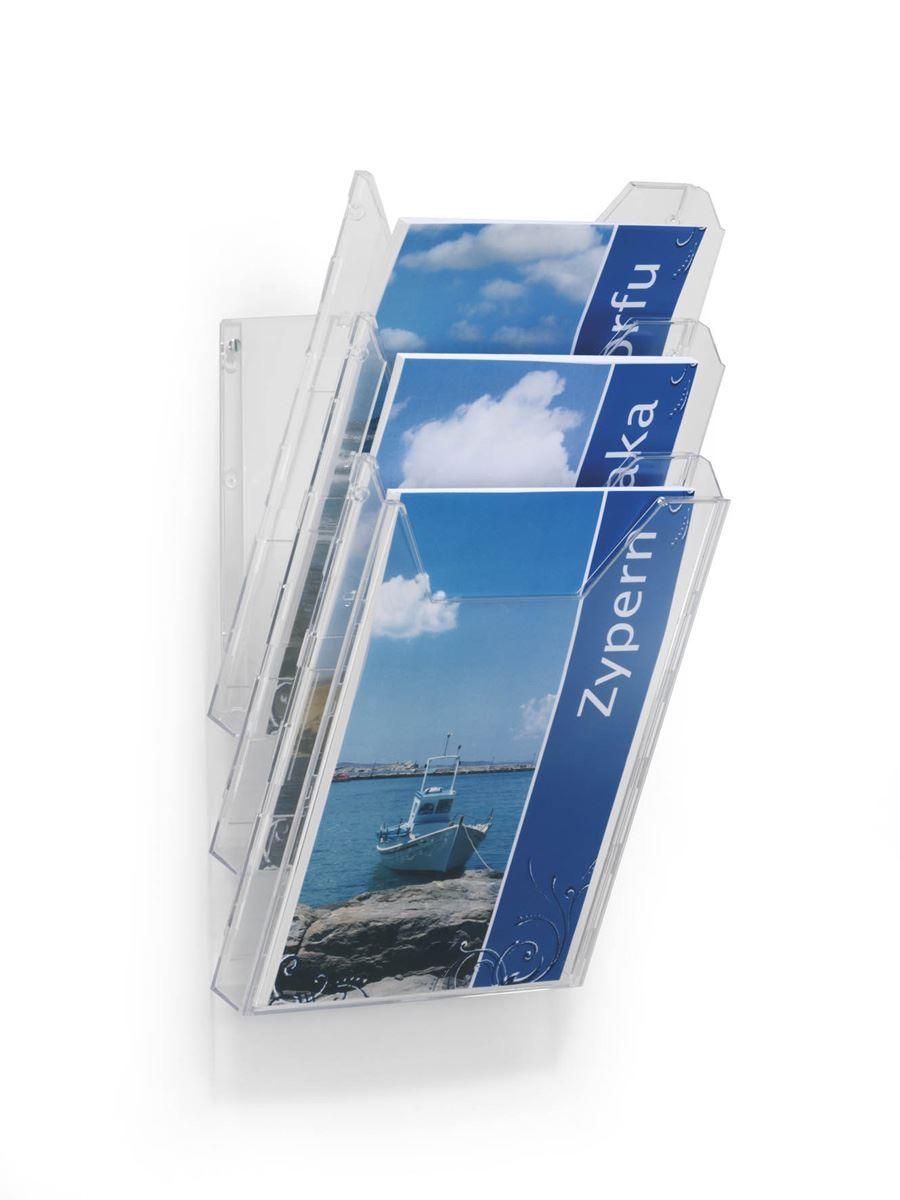 Showing Durable UK's Durable COMBIBOXX 3 Literature Tray | Stand & Wall Mount | A4 Portrait | Clear, available as SKU 858019 with EAN 4005546803425.