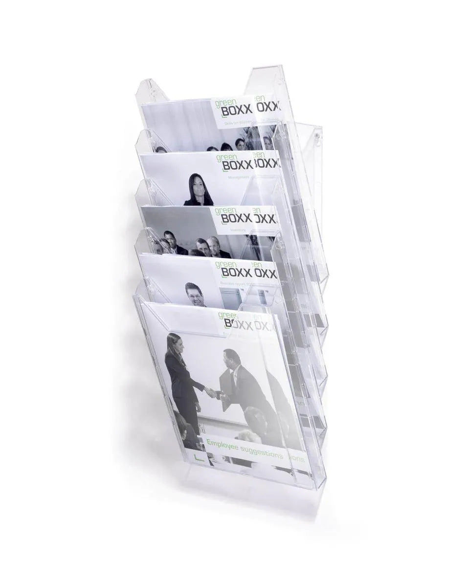 Showing Durable UK's Durable COMBIBOXX 5 Literature Tray | Stand & Wall | A4 Portrait | Clear, available as SKU 858619 with EAN 4005546803494.