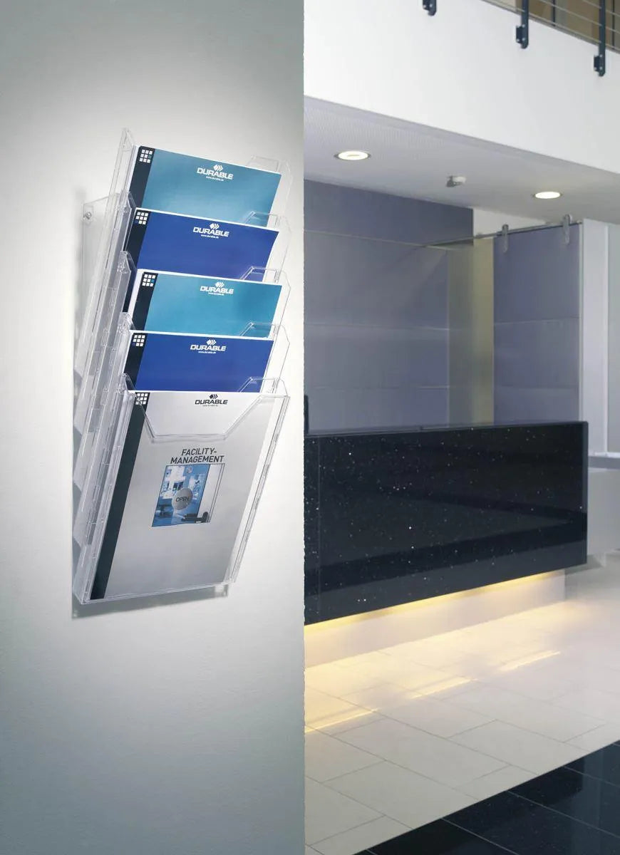 Showing Durable UK's Durable COMBIBOXX 5 Literature Tray | Stand & Wall | A4 Portrait | Clear, available as SKU 858619 with EAN 4005546803494.