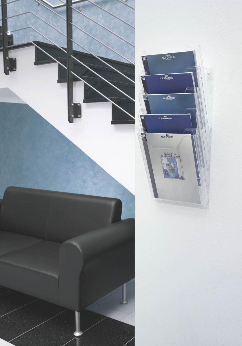 Showing Durable UK's Durable COMBIBOXX 5 Literature Tray | Stand & Wall | A4 Portrait | Clear, available as SKU 858619 with EAN 4005546803494.