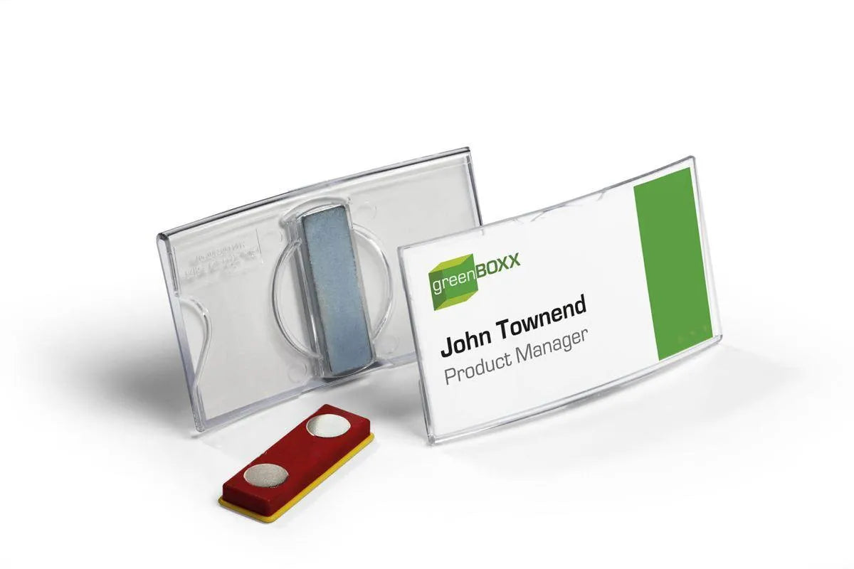 Showing Durable UK's Durable CONVEX Magnetic Name Tag Badge Holders + Inserts | 25 Pack | 40 x 75mm, available as SKU 812319 with EAN 4005546889290.