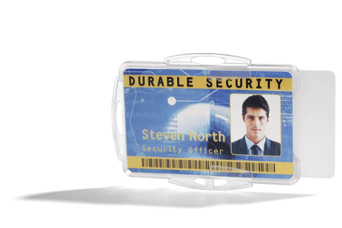 Showing Durable UK's Durable DUO 2 Card Security Pass ID Badge Holders for Lanyards | 25 Pack | Clear, available as SKU 891919 with EAN 4005546807669.