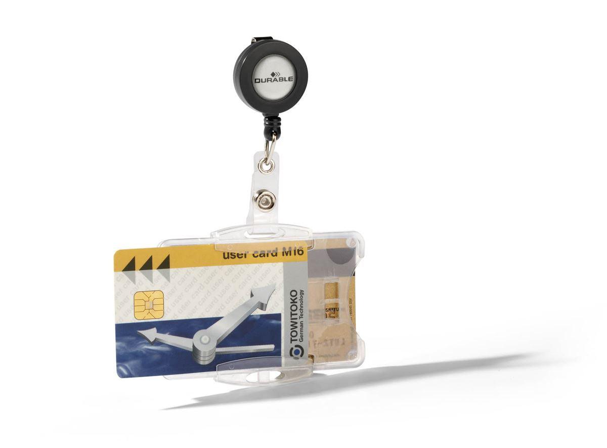 Showing Durable UK's Durable DUO 2 Card Security Pass ID Holders with Badge Reel | 25 Pack | Clear, available as SKU 821919 with EAN 4005546805238.