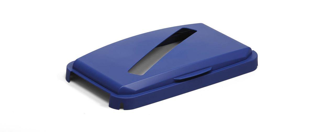 Showing Durable UK's Durable DURABIN 60L Hinged Bin Lid with Slot Cut-Out For Easy Recycling | Blue, available as SKU 1800502040 with EAN 4005546107585.