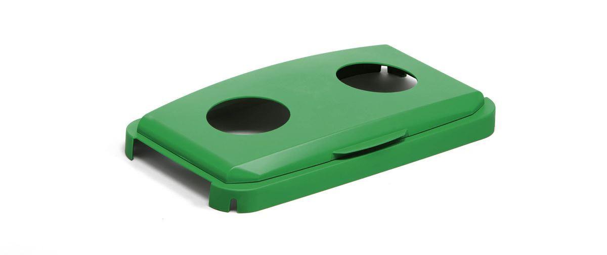 Showing Durable UK's Durable DURABIN 60L Hinged Bin Lid with Two Holes for Cans/Bottles | Green, available as SKU 1800501020 with EAN 4005546107608.