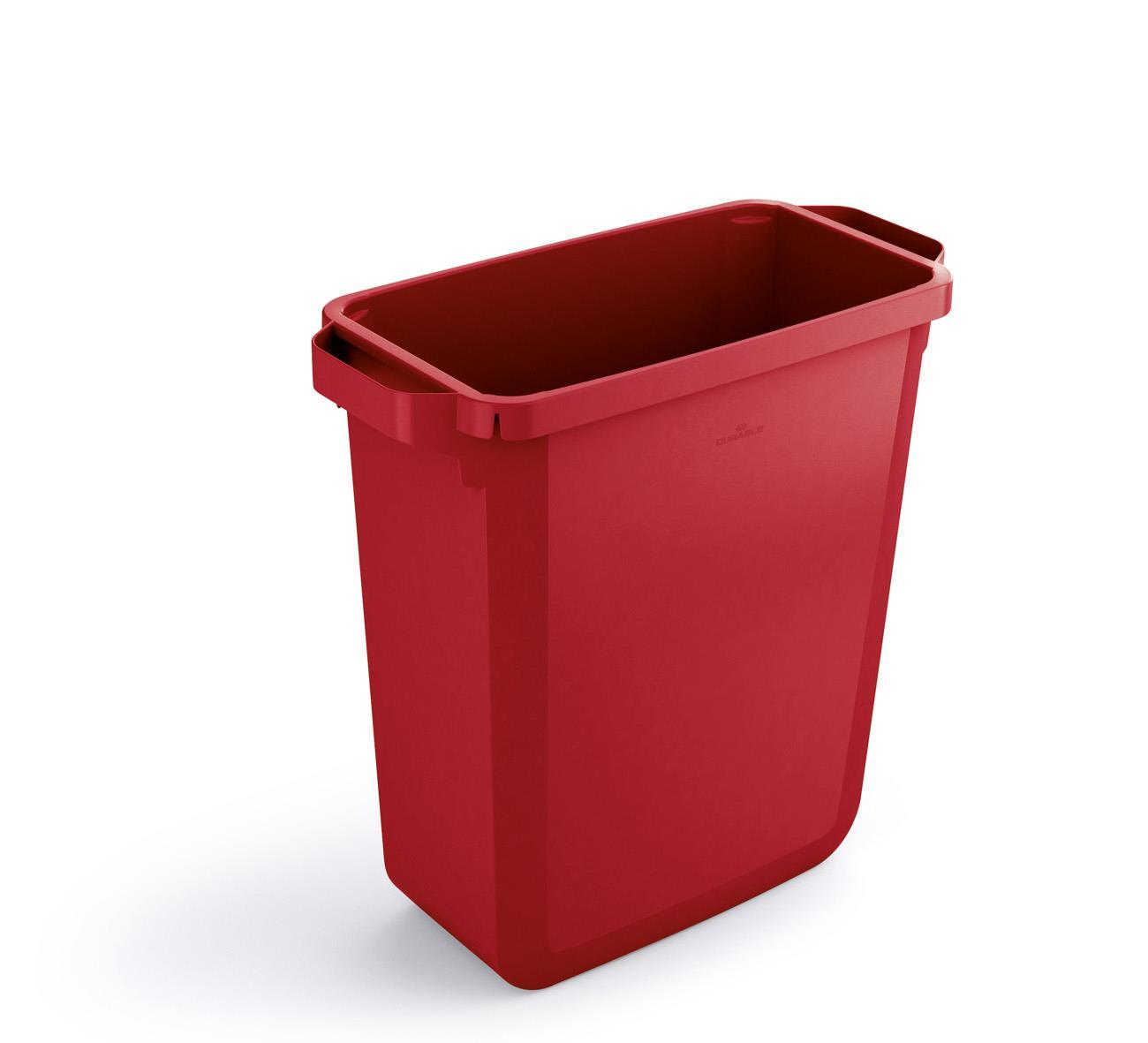 Showing Durable UK's Durable DURABIN 60L Rectangular | Food Safe Waste Recycling Bin | Red, available as SKU 1800496080 with EAN 7318080496082.