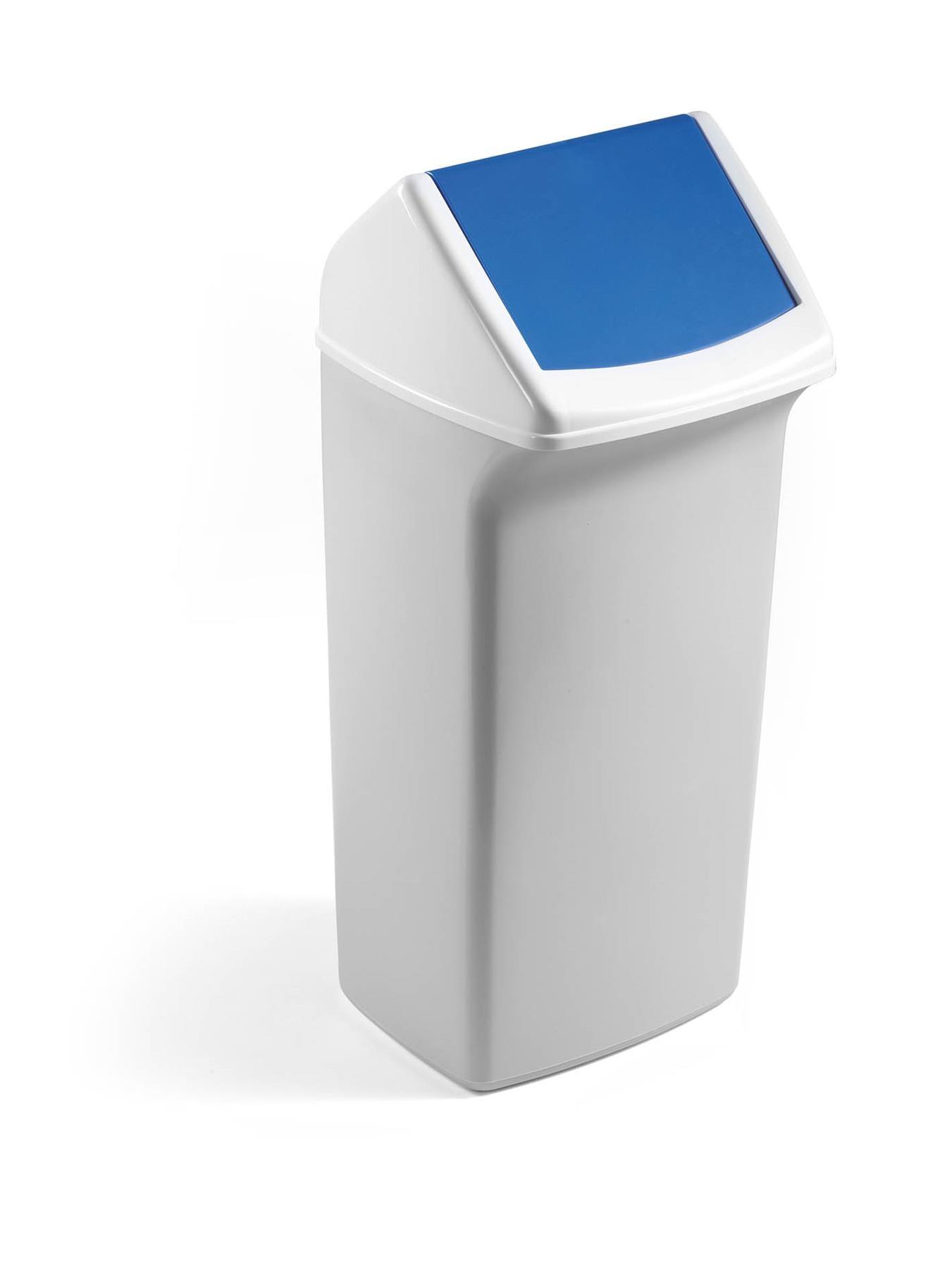 Showing Durable UK's Durable DURABIN Contemporary White Square Recycling Bin + Blue Swing Lid | 40L, available as SKU VEH2012036 with EAN 4005546911540.