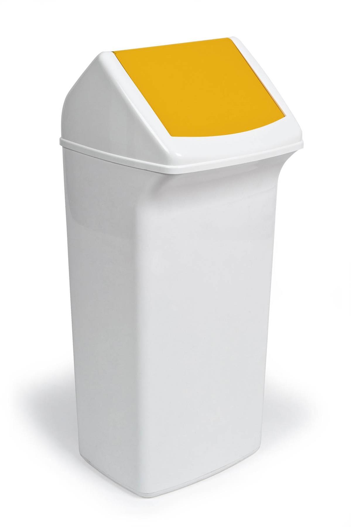 Showing Durable UK's Durable DURABIN Contemporary White Square Recycling Bin + Yellow Swing Lid | 40L, available as SKU VEH2012035 with EAN 4005546911533.