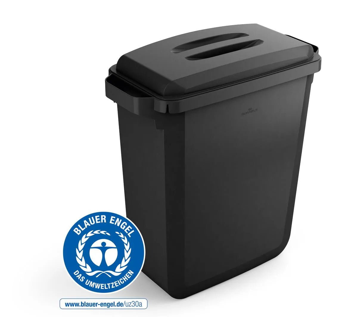 Showing Durable UK's Durable DURABIN ECO Recycled Black Rectangular Recycling Bin + Black Lid | 60L, available as SKU VEH2022051 with EAN 4005546735153.