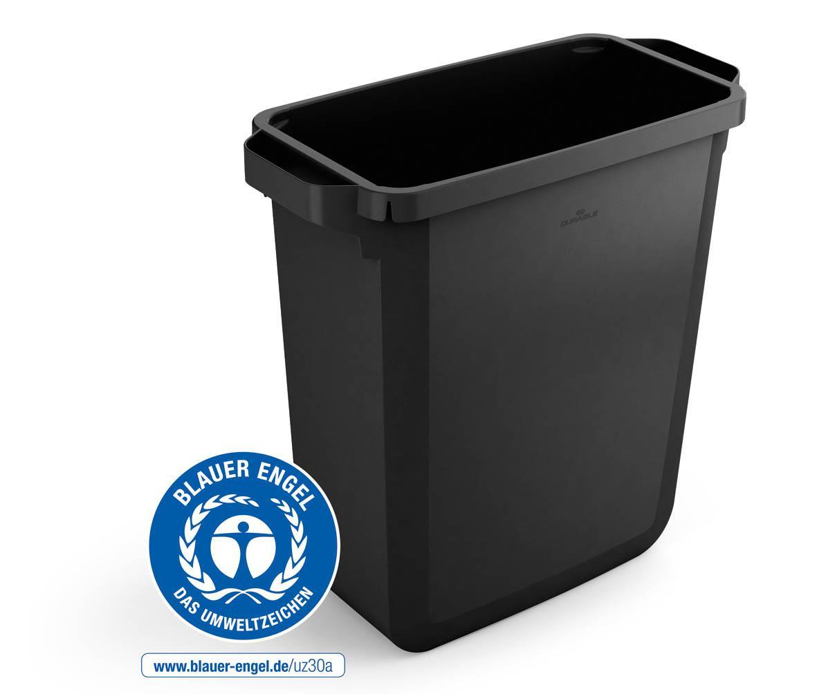 Showing Durable UK's Durable DURABIN ECO Recycled Black Rectangular Recycling Bin + Blue Lid | 60L, available as SKU VEH2023024 with EAN 4005546738352.