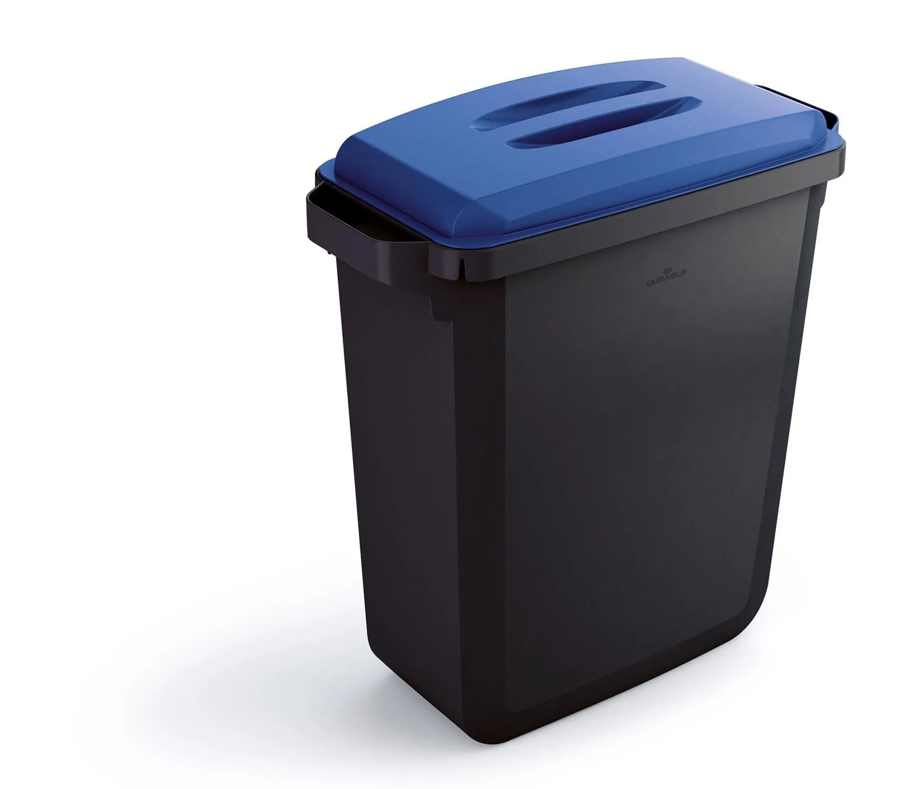 Showing Durable UK's Durable DURABIN ECO Recycled Black Rectangular Recycling Bin + Blue Lid | 60L, available as SKU VEH2023024 with EAN 4005546738352.