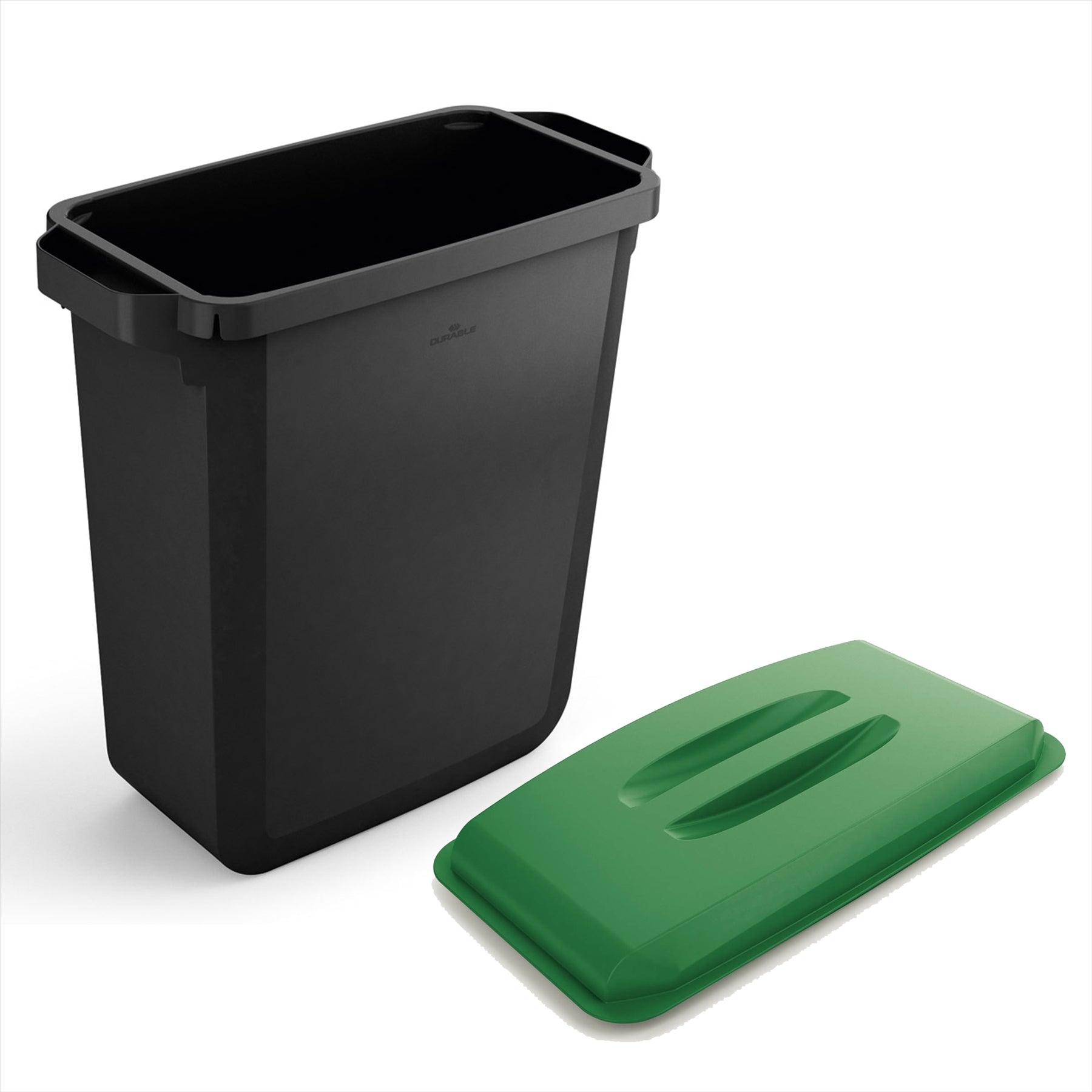 Showing Durable UK's Durable DURABIN ECO Recycled Black Rectangular Recycling Bin + Green Lid | 60L, available as SKU VEH2023023 with EAN 4005546738345.