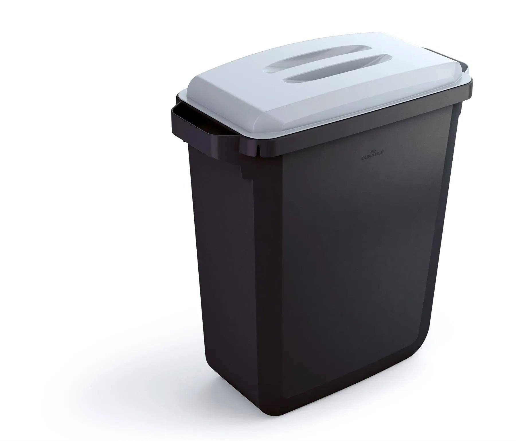 Showing Durable UK's Durable DURABIN ECO Recycled Black Rectangular Recycling Bin + Grey Lid | 60L, available as SKU VEH2023022 with EAN 4005546738338.