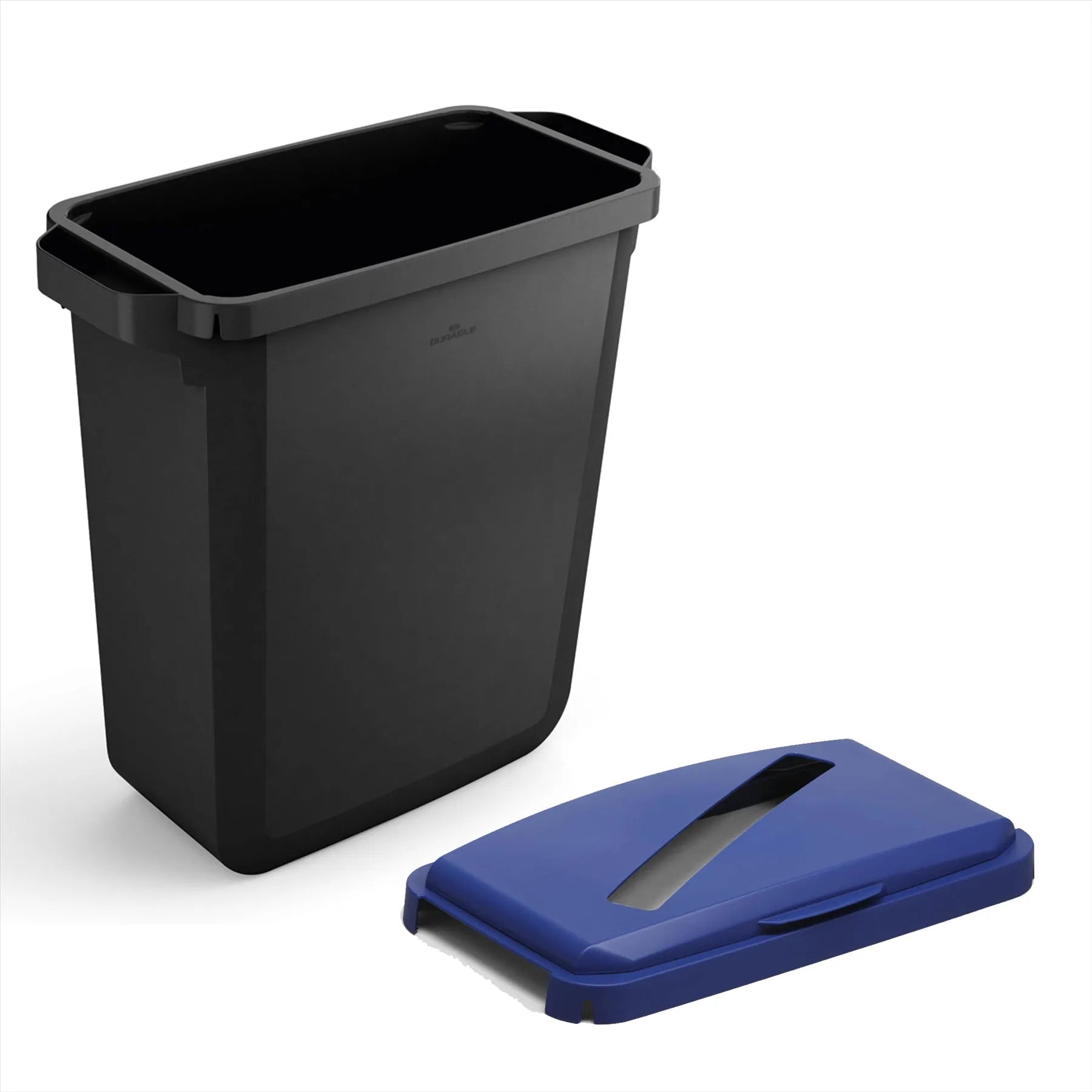 Showing Durable UK's Durable DURABIN ECO Recycled Black Recycling Bin + Blue Hinged Slot Lid | 60L, available as SKU VEH2023027 with EAN 4005546738383.