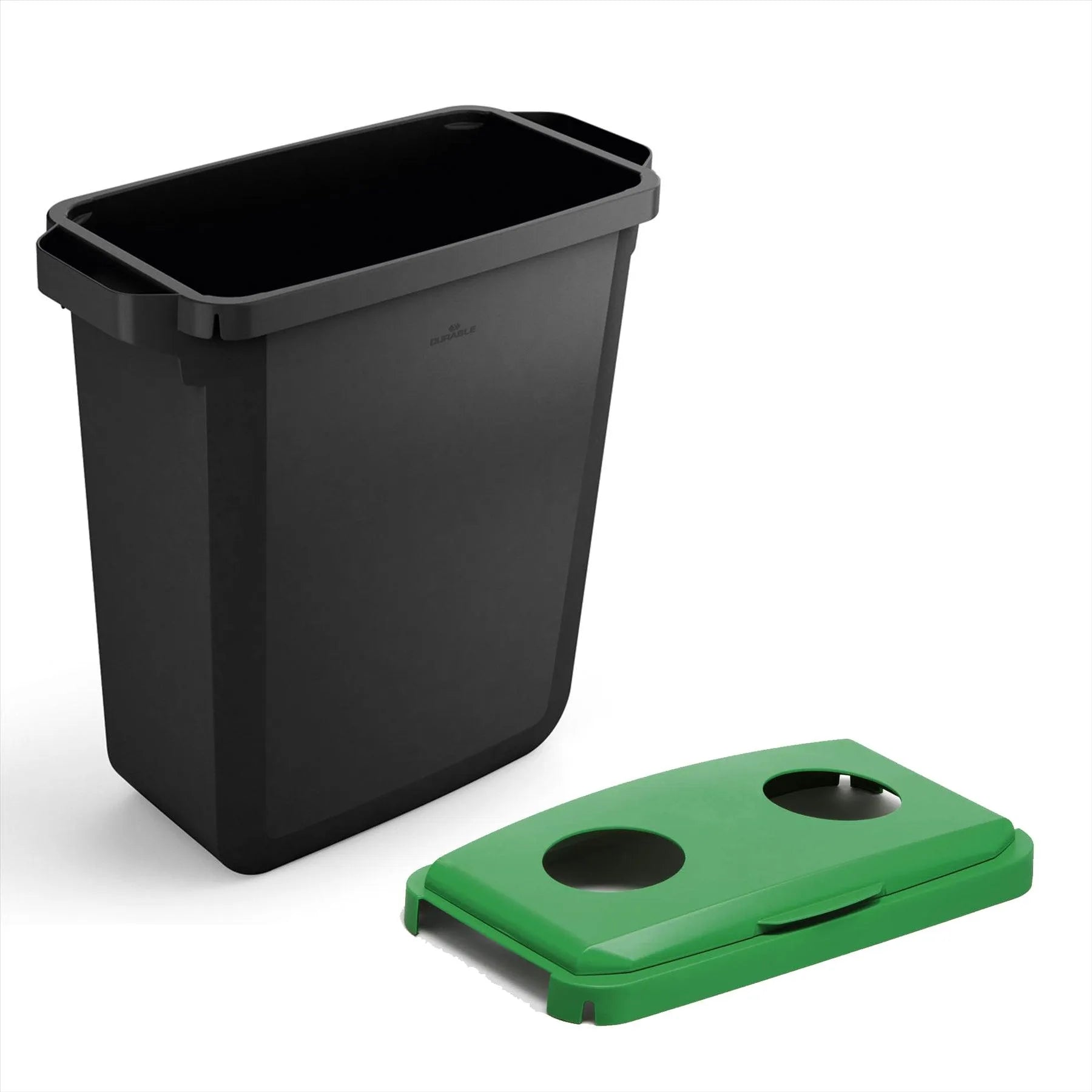 Showing Durable UK's Durable DURABIN ECO Recycled Black Recycling Bin + Green Hinged Bottle Lid | 60L, available as SKU VEH2023028 with EAN 4005546738390.