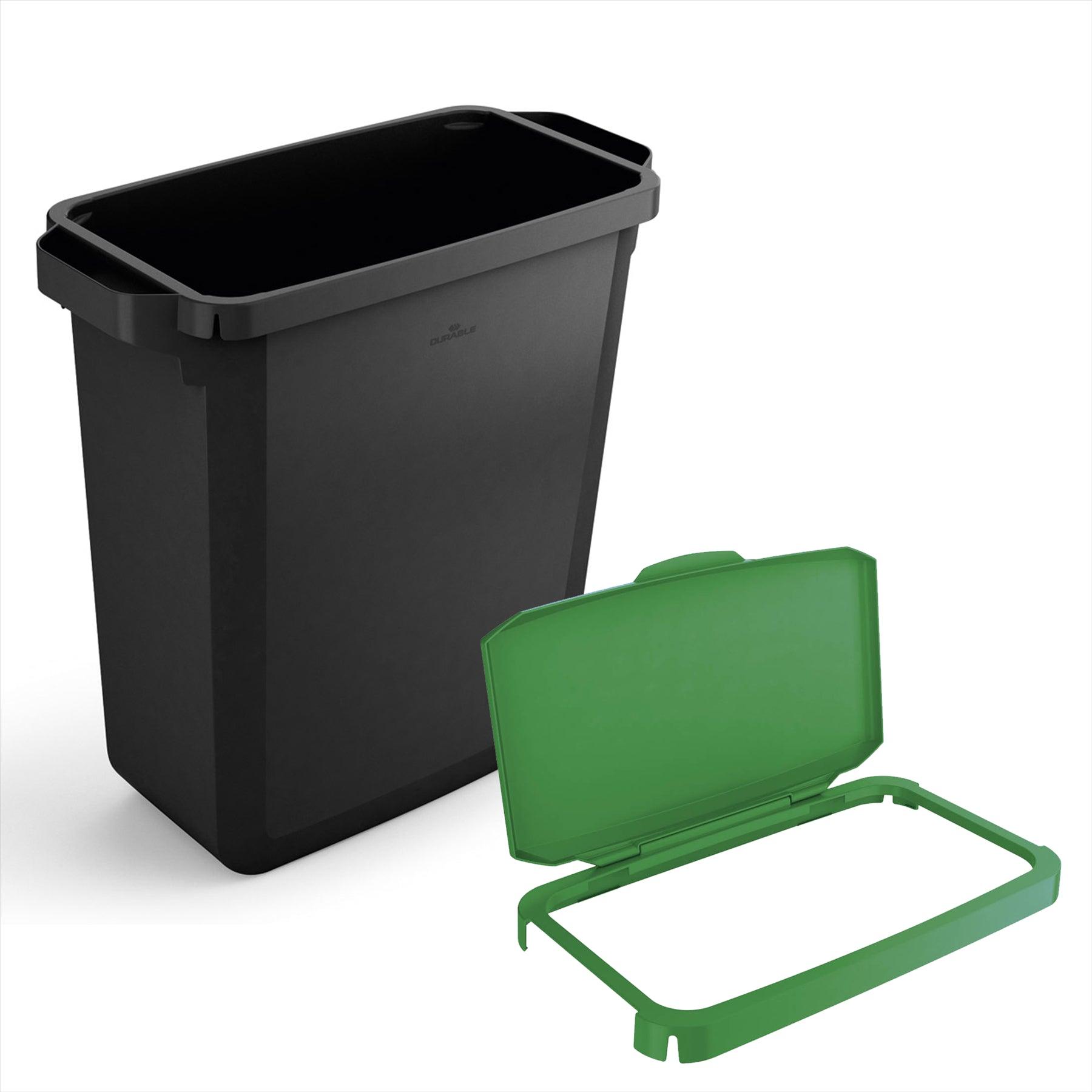 Showing Durable UK's Durable DURABIN ECO Recycled Black Recycling Bin + Green Hinged Lid | 60L, available as SKU VEH2023025 with EAN 4005546738369.